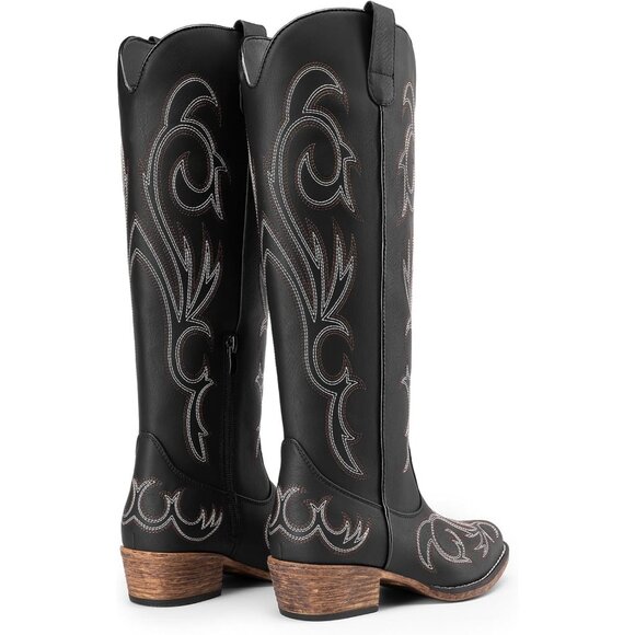 Womens Faux Leather Black Knee High Chunky Heel Side Zipper Embroidered Boots - Picture 7 of 7